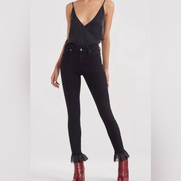 7 For All Mankind Blair Denim The Ankle Skinny Black Jeans w/Ruffle Hem NWT 25 - Picture 1 of 7